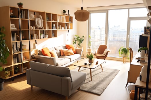 Modern apartment interior in living design with working table and bookshelf. Luxury home scandinavian concept by AI Generated photo