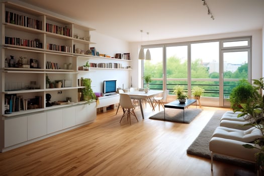 Modern apartment interior in living design with working table and bookshelf. Luxury home scandinavian concept by AI Generated photo