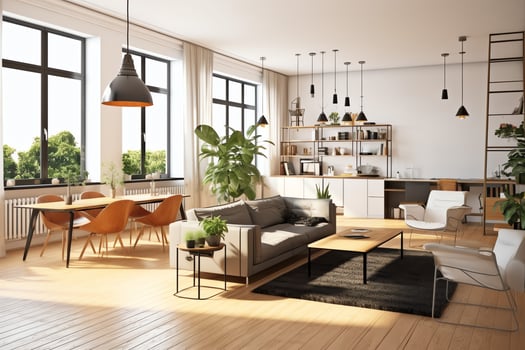 Modern apartment interior in living design with working table and bookshelf. Luxury home scandinavian concept by AI Generated photo