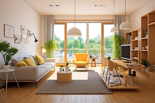 Modern apartment interior in living design with working table and bookshelf. Luxury home scandinavian concept by AI Generated photo