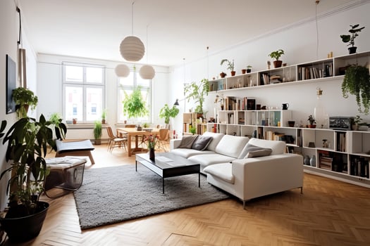 Modern apartment interior in living design with working table and bookshelf. Luxury home scandinavian concept by AI Generated photo