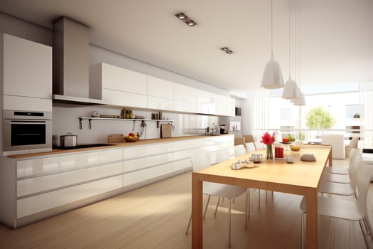 Modern kitchen interior design in apartment or house with furniture. Luxury kitchen home scandinavian concept by AI Generated photo