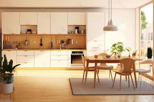 Modern kitchen interior design in apartment or house with furniture. Luxury kitchen home scandinavian concept by AI Generated photo