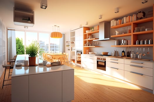 Modern kitchen interior design in apartment or house with furniture. Luxury kitchen home scandinavian concept by AI Generated photo
