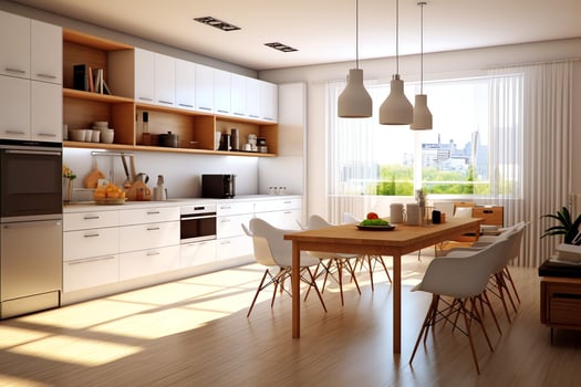 Modern kitchen interior design in apartment or house with furniture. Luxury kitchen home scandinavian concept by AI Generated photo