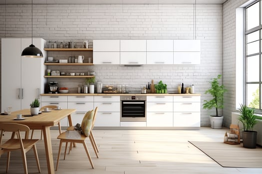 Modern kitchen interior design in apartment or house with furniture. Luxury kitchen home scandinavian concept by AI Generated photo