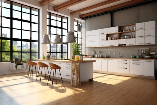 Modern kitchen interior design in apartment or house with furniture. Luxury kitchen home scandinavian concept by AI Generated photo