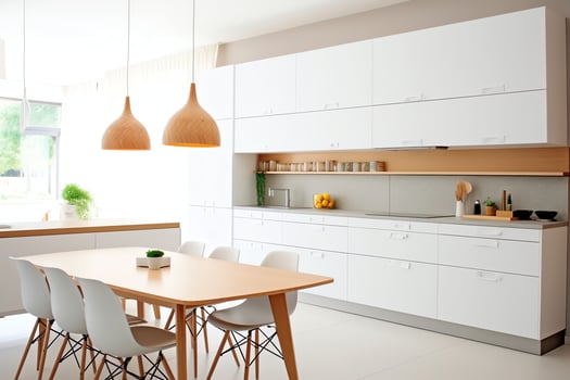Modern kitchen interior design in apartment or house with furniture. Luxury kitchen home scandinavian concept by AI Generated photo