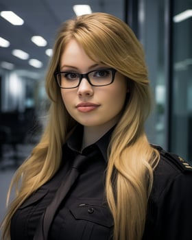 a beautiful blonde woman in glasses standing in an office generative ai photo