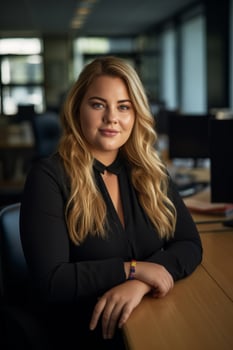 a beautiful blonde woman sitting at a desk in an office generative ai photo