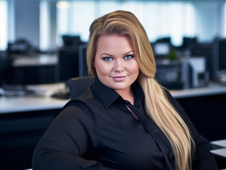 a beautiful blonde woman sitting at a desk in an office generative ai photo
