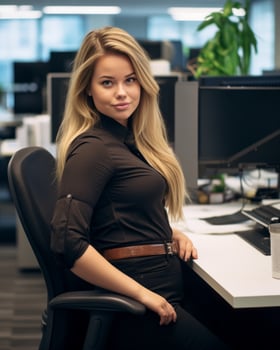 a beautiful blonde woman sitting at a desk in an office generative ai photo