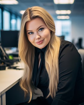 a beautiful blonde woman sitting at a desk in an office generative ai photo
