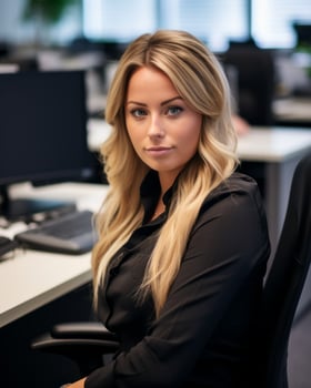 a beautiful blonde woman sitting at a desk in an office generative ai photo