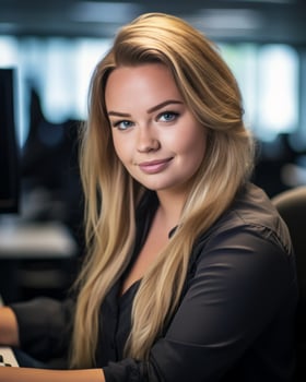 a beautiful blonde woman sitting at a desk in front of a computer generative ai photo