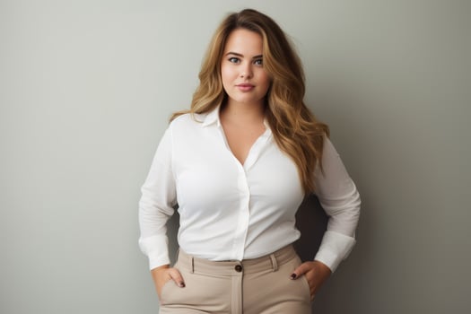 a beautiful woman in a white shirt and khaki pants generative ai photo