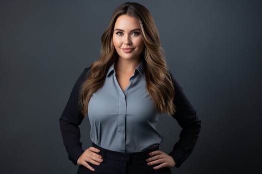 a beautiful young woman in a business suit standing with her hands on her hips generative ai photo
