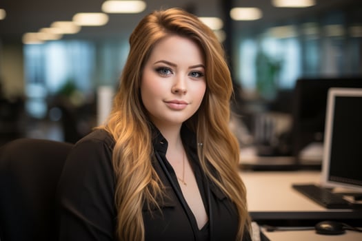 a beautiful young woman sitting at a desk in an office generative ai photo