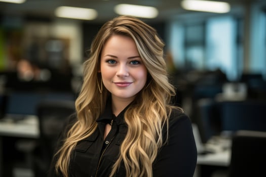 a beautiful young woman with long blonde hair sitting in an office generative ai photo
