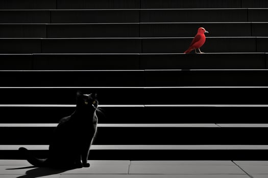 a black cat and a red bird sitting on some steps generative ai photo