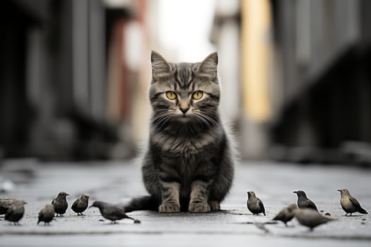 a cat sits on the ground surrounded by birds generative ai photo