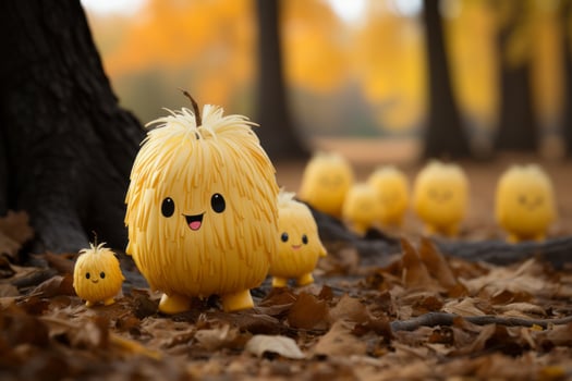 a group of yellow stuffed animals standing in the leaves generative ai photo