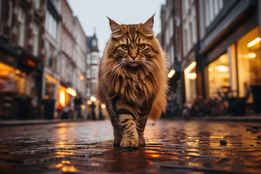 a long haired cat walking down a cobblestone street generative ai photo