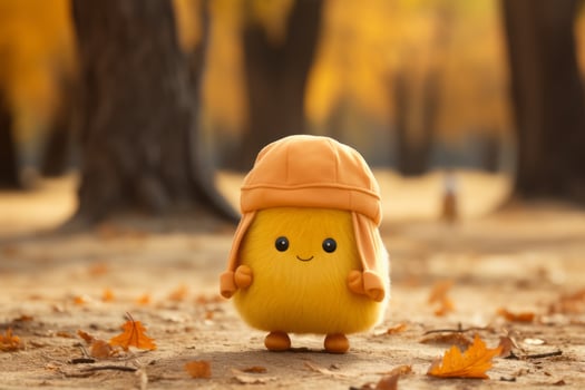 a small yellow bird wearing a hat in the middle of an autumn forest generative ai photo