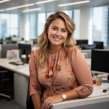 a smiling woman sitting at a desk in an office generative ai photo