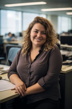 a smiling woman sitting at a desk in an office generative ai photo
