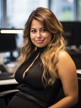 a woman in a black dress sitting at a desk generative ai photo