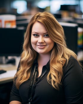 a woman in a black shirt sitting at an office desk generative ai photo