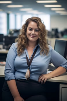 a woman in a blue shirt and black pants sitting at an office desk generative ai photo
