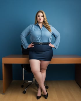 a woman in a blue shirt and skirt standing in front of a desk generative ai photo