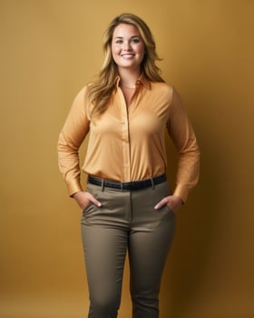 a woman in a tan shirt and khaki pants generative ai photo
