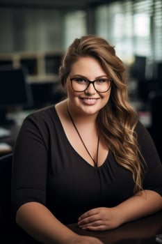 a woman in glasses sitting at a desk in an office generative ai photo