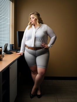 a woman is posing in front of a desk generative ai photo