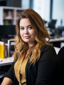 a woman sitting at a desk in an office generative ai photo