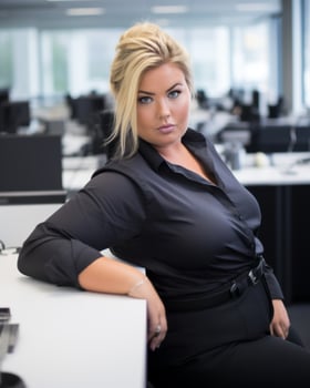 a woman sitting at a desk generative ai photo