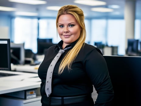 a woman wearing a black shirt and tie standing in front of a computer generative ai photo