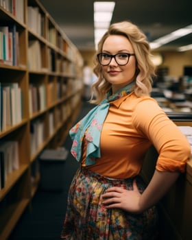 a woman wearing glasses and an orange shirt posing in a library generative ai photo