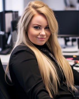 a woman with long blonde hair sitting at a desk generative ai photo