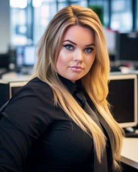 a woman with long blonde hair sitting at a desk generative ai photo