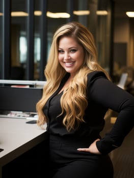 a woman with long blonde hair sitting at a desk generative ai photo