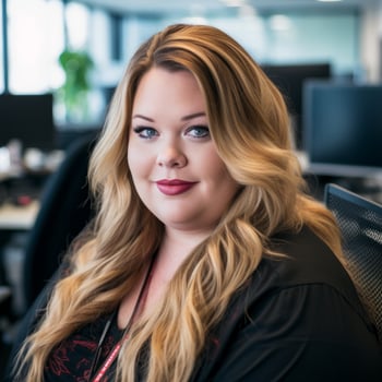 a woman with long blonde hair sitting in front of a computer generative ai photo