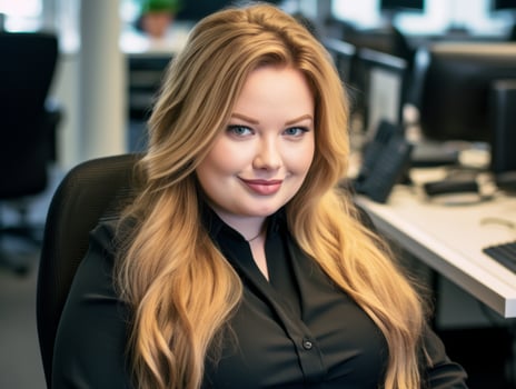 a woman with long blonde hair sitting in front of a computer generative ai photo