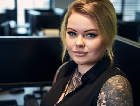 a woman with tattoos standing in front of a computer generative ai photo