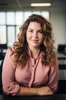 a young woman with curly hair sitting at a table in an office generative ai photo
