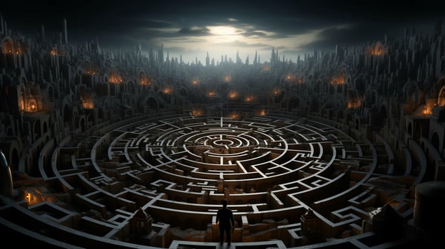 A man stands in a maze and thinks, view from the back. The concept of difficulty in making a decision photo
