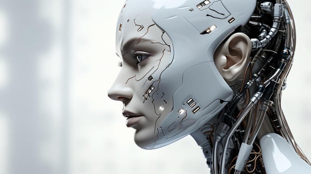 Beautiful cyborg robot woman futuristic high-tech mixture of human and computer. Synergy between humanity and artificial intelligence in the future photo